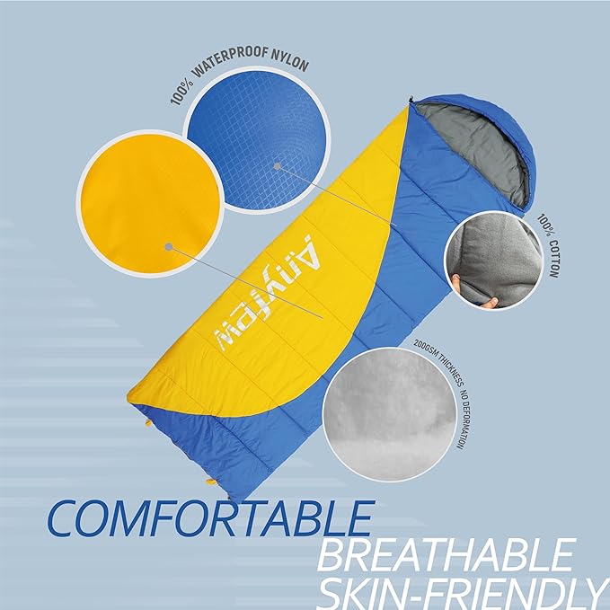 Nylon Sleeping Bag,Blue & Yellow,Flannel Cotton,Portable Tightening Bag Lightweight,Cold Weather Sleeping Bag Waterproof-Warm Camping Hiking Outdoor Travel Hunting