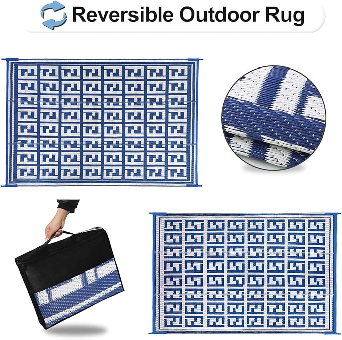 OutdoorLines Outdoor Plastic Area Rugs for Patio 4x6 ft - Reversible Outside Carpet, Stain & UV Resistant RV Mats, Straw Rug for Camping, Deck Garden, Porch and Balcony, Geometry Navy & Light Grey