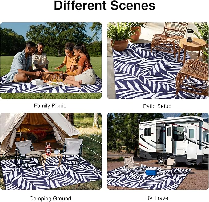 OLANLY Waterproof Outdoor Rug 6x9 ft, Reversible Outdoor Plastic Straw Rug with Leaf Pattern, RV Mat, Indoor Outdoor Carpet for Patio, Camping, Balcony, Deck, Backyard, Navy & White