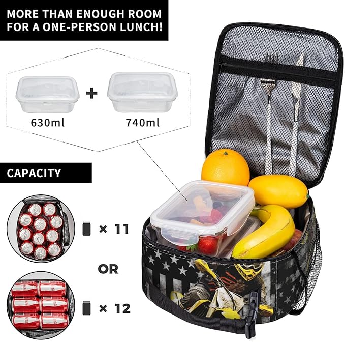 American Flag Motorcycle Lunch Bag Insulated Reusable Lunch Box Thermal Cooler Tote For Men Women Work Travel Picnic Hiking
