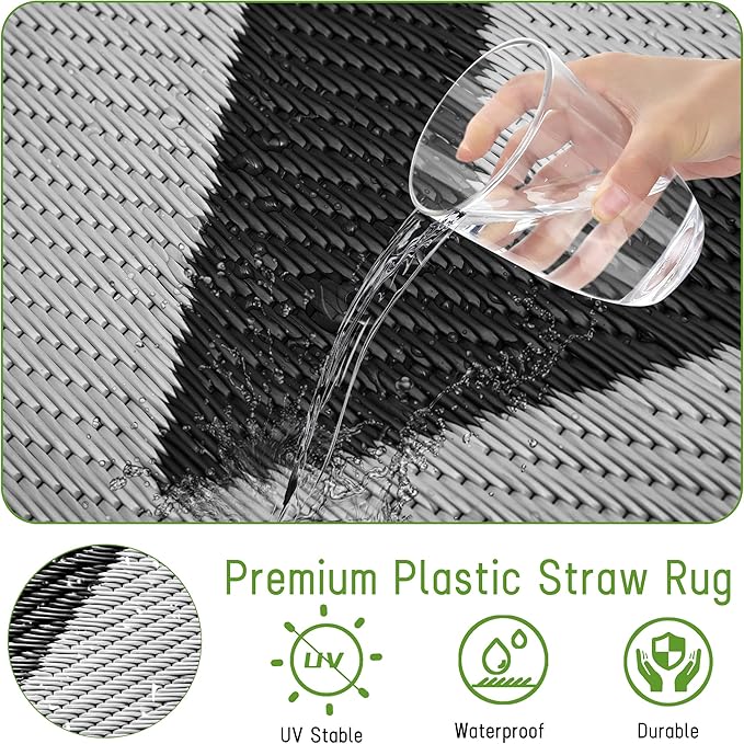 Easy-Going Reversible Outdoor Rugs 6x9ft Waterproof Plastic Straw Rug Stain & UV Resistant Floor Mat for Patio Porch RV Backyard Pool Deck Picnic Beach Trailer Camping (Waved Black & Light Grey)