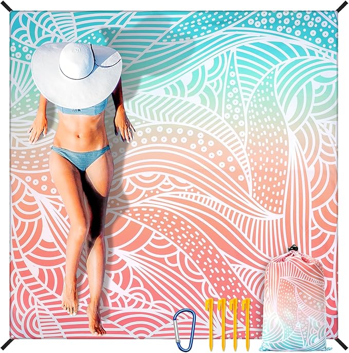 Beach Blanket Waterproof Sandproof Beach Mat 79" X 83" /10'x9'for 2-8 Adults Quick Drying Outdoor Picnic Mat Beach Accessories for Travel, Camping, Hiking