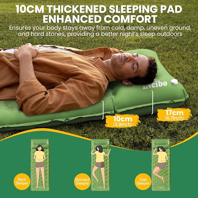 iNeibo Camping Sleeping Pad, Ultralight Inflating Mattress With Pillow & Foot Pump, Ultra-Thick Enhanced Support for Hiking, Backpacking, Tent, Car Traveling