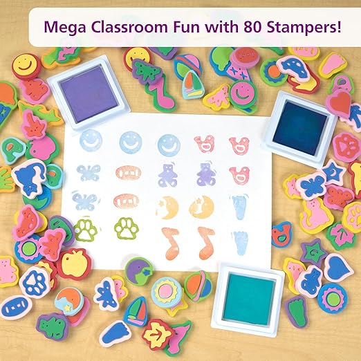 Colorations Mega Foam Stamper Mix, Bulk, Value Pack, 80 Stamps, 25 Assorted designs, EVA Foam, for Kids, Arts & Crafts, Educational, Gift, Non-Toxic, Learning, Stamping