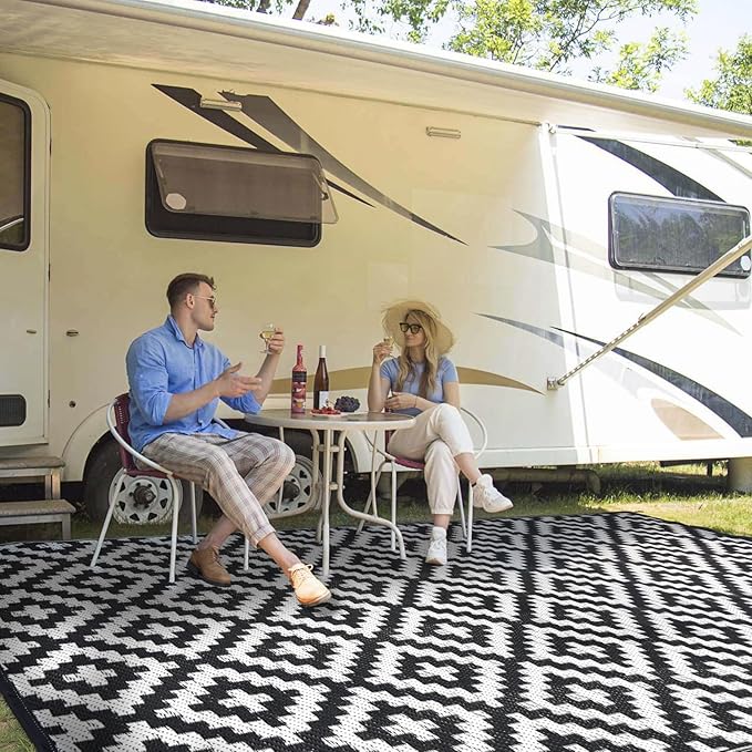 Outdoor Patio Plastic Straw Rug - 9'x12' Outdoor Camping Rug Waterproof Reversible, Area Carpet Patios Clearance RV, Outside Porch Balcony Deck for Camper, Black & White