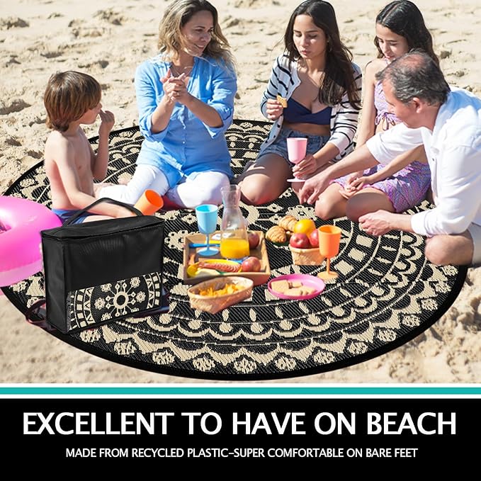 Capslpad 8Ft Round Outdoor Rug for Patio Reversible Mat Waterproof Plastic Straw Rug Boho Circle Indoor Outside Area Rug for RV Camping Picnic Pool Tent Balcony Beach Deck Doormats Decor, Beige