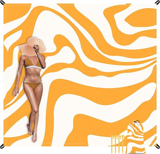 Yellow Beach Blanket, Sand Free Waterproof Outdoor Beach Mat with 4 Stakes & Pockets, 78''×86'' Large Sandproof Foldable Picnic Blanket with Portable Bag for Camping, Travel, Hiking