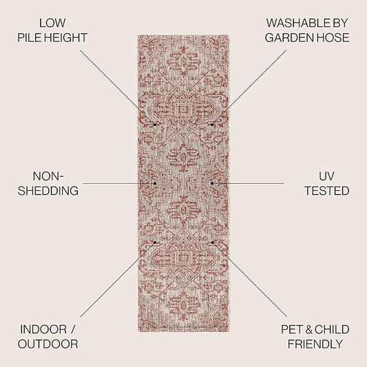 JONATHAN Y SMB105A-210 Estrella Bohemian Medallion Textured Weave Indoor Outdoor Runner Rug Coastal Bohemian Rustic Glam Easy-Cleaning Bedroom Kitchen Backyard Patio Non Shedding, 2 X 10, Red/Taupe