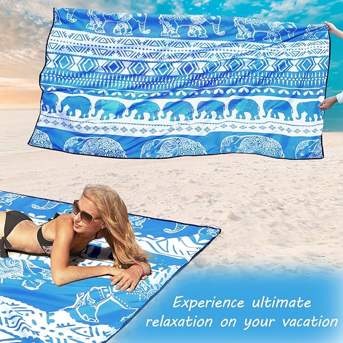 Beach Blanket Waterproof Sandproof Beach Mat for 1-8 Adults Quick Drying Durable Outdoor Picnic Mat for Beach Festival Travel Camping Hiking (Elephant-GC BL, 79"×83"(4 Person))