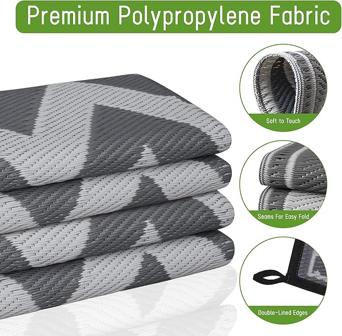 Easy-Going Reversible Outdoor Rugs 9x12ft Waterproof Plastic Straw Rug Stain & UV Resistant Floor Mat for Patio Porch RV Backyard Pool Deck Picnic Beach Trailer Camping (Waved Grey & Light Grey)