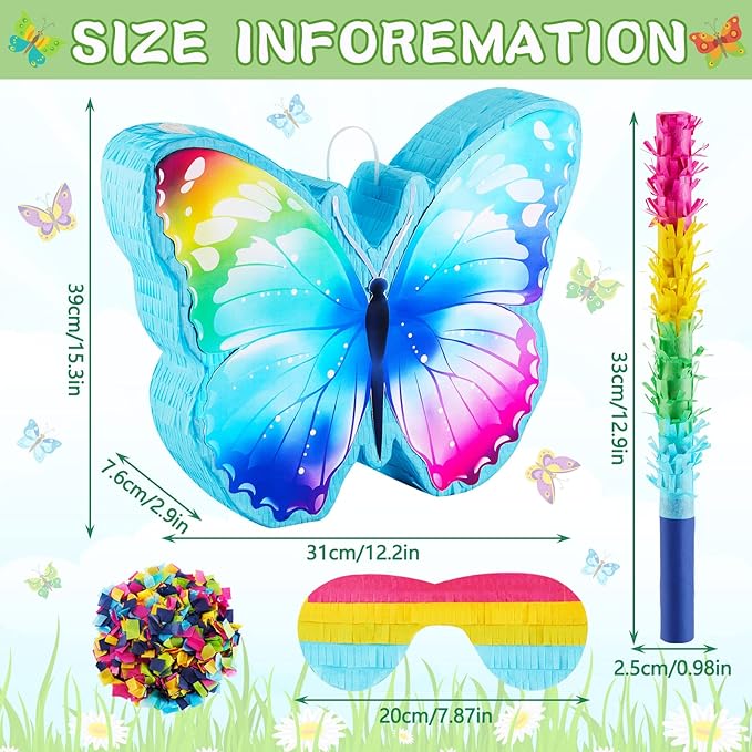 Butterfly Pinata with Pinata Stick, Eye Mask and 1 Pack Confetti, Rainbow Butterfly Party Supplies Butterfly Shaped Animal Pinata for Butterfly Birthday Decorations, 14.96 x 7.08 Inches (Glitter)