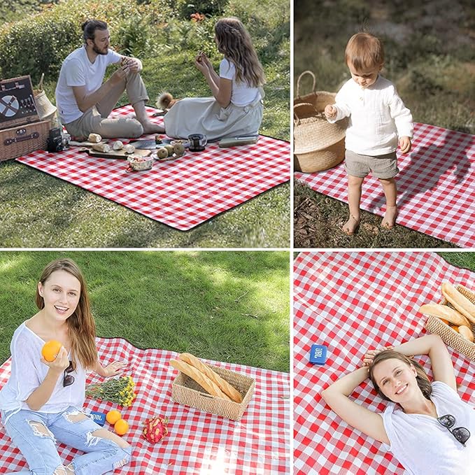 Extra Large 80x80 in Beach Blanket Outdoor Picnic Blankets, Foldable Waterproof Sand Free Beach Mats Picnic Mat for Festival BBQ Park Grass Lawn Camping Hiking Travel Concerts (Classic Red Check)