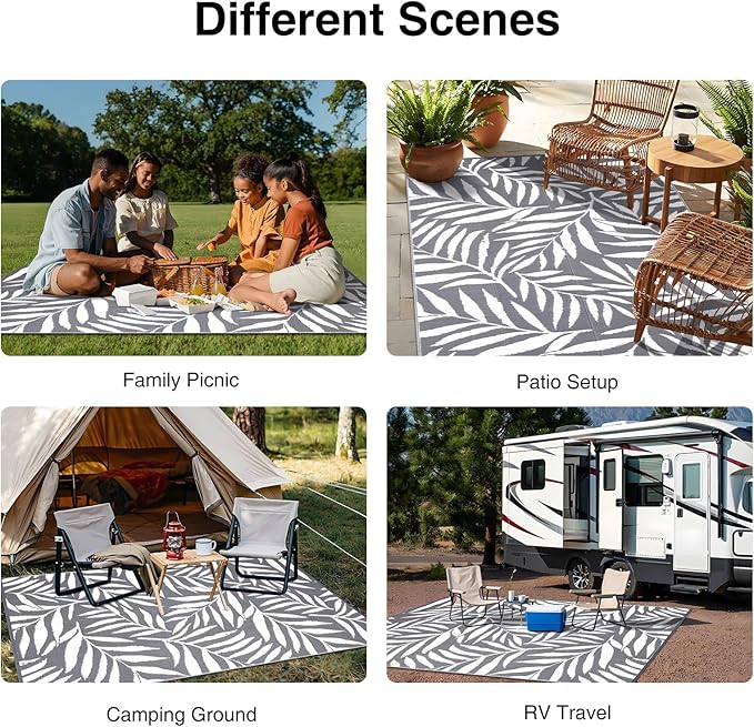 OLANLY Waterproof Outdoor Rug 9x12 ft, Reversible Outdoor Plastic Straw Rug with Leaf Pattern, RV Mat, Indoor Outdoor Carpet for Patio, Camping, Balcony, Deck, Backyard, Grey & White