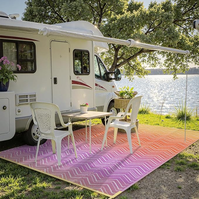 Lahome Colorful Waterproof Outdoor Rug 8x10, Reversible Outdoor Plastic Straw Rug for Patios, Outside RV Mat Carpet for Deck Porch Backyard Balcony Picnic Trailer (Orange/Purple, 8' x 10')