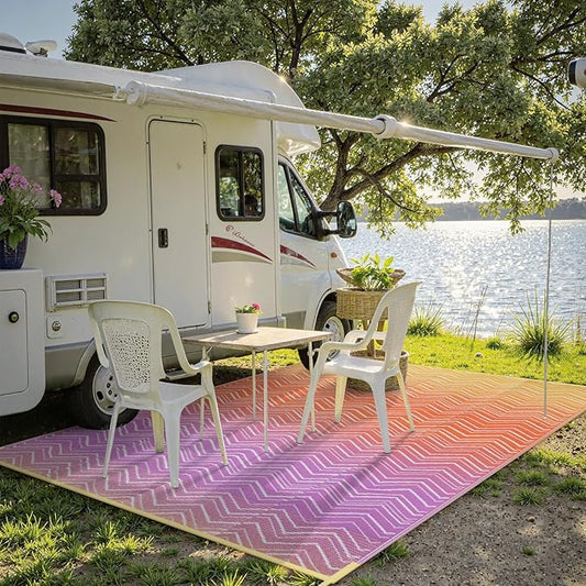 Lahome Colorful Waterproof Outdoor Rug 8x10, Reversible Outdoor Plastic Straw Rug for Patios, Outside RV Mat Carpet for Deck Porch Backyard Balcony Picnic Trailer (Orange/Purple, 8' x 10')