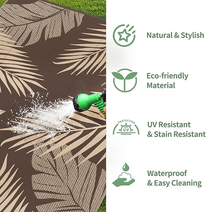 GENIMO Outdoor Rug 9' x 12' Waterproof for Patios Clearance, Reversible Outdoor Plastic Straw Camping Rug Carpet, Large Area Rugs Mats for RV, Camper, Deck, Balcony, Porch, Beach, Picnic, Coffee&Beige