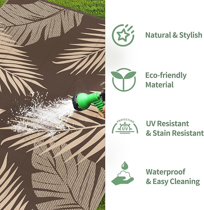 GENIMO Outdoor Rug 4' x 6' Waterproof for Patios Clearance, Reversible Outdoor Plastic Straw Camping Rug Carpet, Large Area Rugs Mats for RV, Camper, Deck, Balcony, Porch, Beach, Coffee&Beige