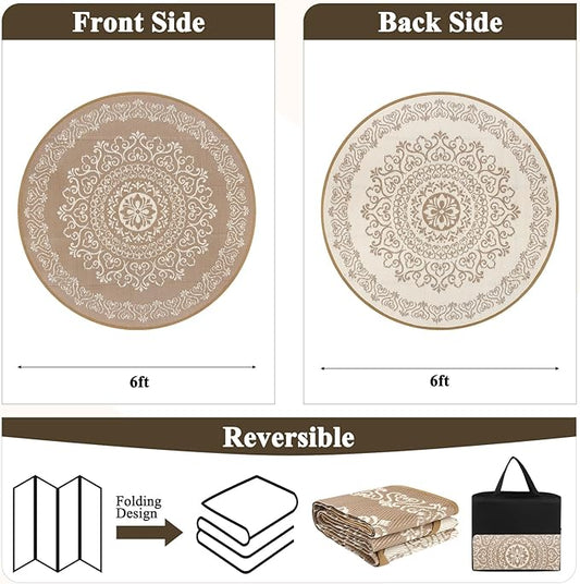 Pauwer Waterproof Outdoor Rug 6ft, Reversible Plastic Straw Patio Camping Rug, Indoor Outdoor RV Mat Carpet for Deck, Camper, Porch, Balcony, Backyard, Picnic, Floral Brown