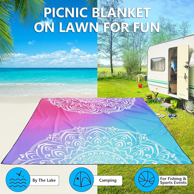 Beach Blanket, Sandproof Beach Mat, Waterproof Quick Drying Lightweight Outdoor Aztec Picnic Mat 79" X 83" for 2-4 Adults with Pocket for Travel, Camping, Hiking