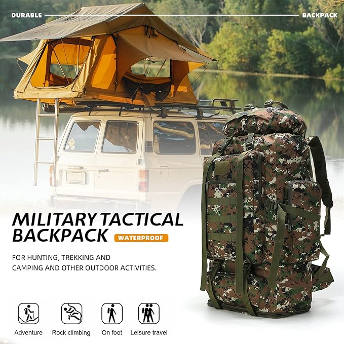 70L/100L Hiking Camping Backpack MOLLE Rucksack Waterproof Daypack for Traveling (Woodland Camo)