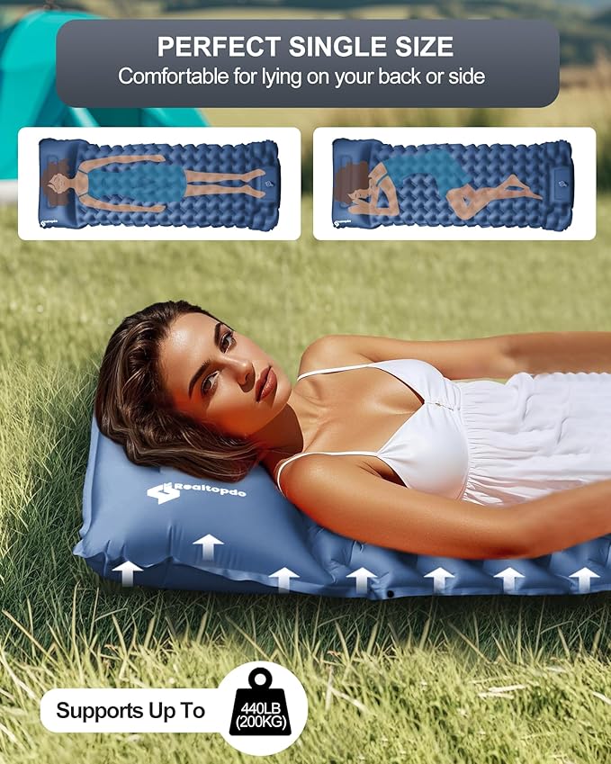 Inflatable Camping Sleeping Pad with Pillow & Foot Pump, 3"x79"x26" Single Camping Air Mattress, Compact Roll-Up, Quick-Dry & Durable Sleeping Mat for Backpacking, Hiking, Tent, Travel – Blue