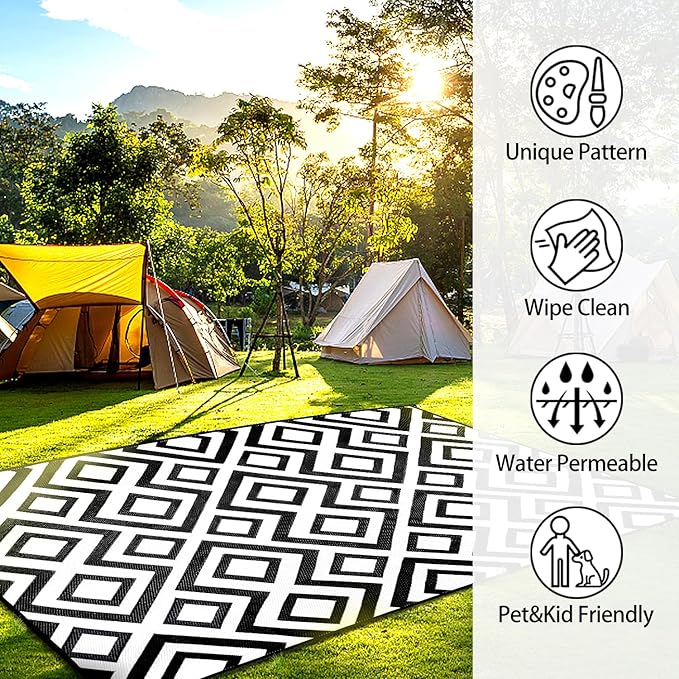 Outdoor Rug Mat for Patio, 9x12ft Waterproof Reversible Plastic Straw Rugs, Camping Carpet Area Mats for RV, Porch, Deck, Backyard, Balcony, Camper, Trailer, Black & White