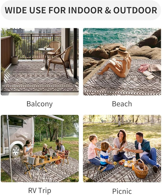 MontVoo Outdoor Rug 8x10 Waterproof Outdoor Patio Rug Mat Reverisble Plastic Straw Outdoor Rug for RV Camping Picnic Beach Balcony Boho Beige Brown