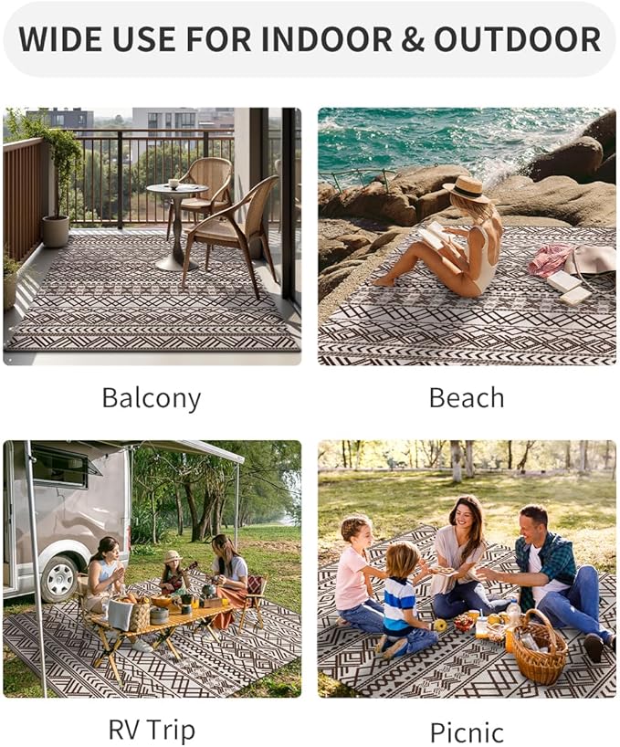 MontVoo Outdoor Rug Carpet Waterproof 5x8 Outdoor Patio Rug Mat Reverisble Plastic Straw Outdoor Rug for RV Camping Picnic Beach Balcony Boho Beige Brown