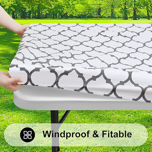 Smiry Rectangle Picnic Table Cover, Waterproof Elastic Fitted Camping Tablecloths for 4 Foot Tables, Wipeable Flannel Backed Vinyl Tablecloth Protector for Indoor, Outdoor (White, 30x48 Inches)
