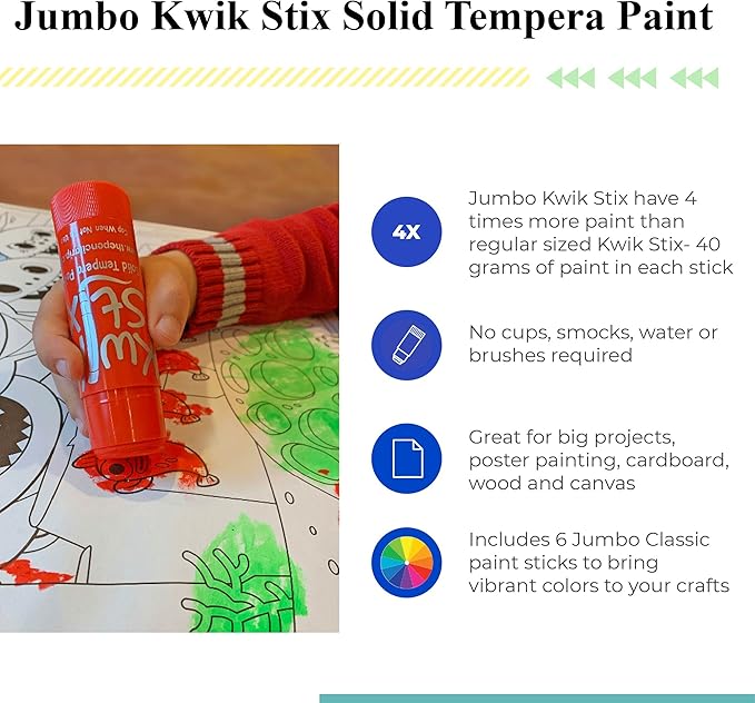 The Pencil Grip Kwik Stix Tempera Paints, Jumbo Tempera Paint Pens, 4 Times More Paint, Super Quick Drying, 6 Classic Colors- TPG-646