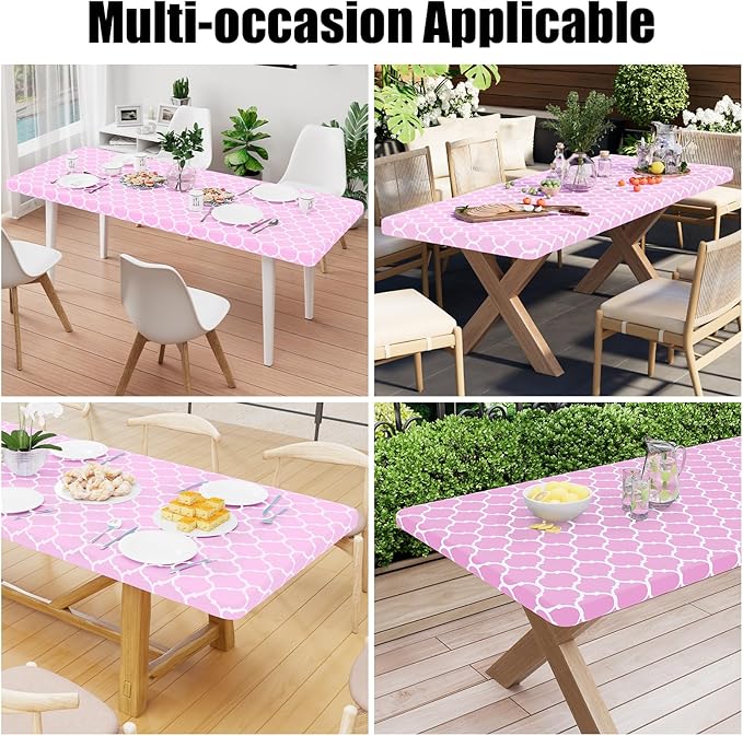 Smiry Rectangle Picnic Table Cover, Waterproof Elastic Fitted Camping Tablecloths for 4 Foot Tables, Wipeable Flannel Backed Vinyl Tablecloth Protector for Indoor, Outdoor (Pink, 24x48 Inches)