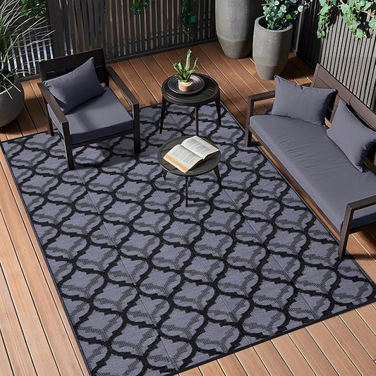 OLANLY Reversible Outdoor Rug 8x10 ft Clearance, Waterproof Outdoor Plastic Straw Rug with Interlacing Pattern, RV Mat for Patio, Camping, Balcony, Deck, Backyard, Black & Grey