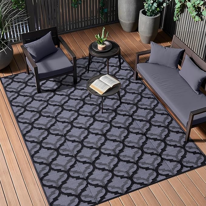 OLANLY Reversible Outdoor Rug 9x12 ft Clearance, Waterproof Outdoor Plastic Straw Rug with Interlacing Pattern, RV Mat for Patio, Camping, Balcony, Deck, Backyard, Black & Grey