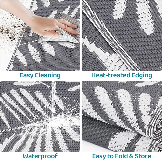 Outdoor Rug, Patio Rug, Plastic Straw Camping Rugs, Large Waterproof Area Rug and Mat for Outdoors, RV, Patio, Backyard, Deck, Porch, Beach, Balcony, (6'x 9', White&Gray)