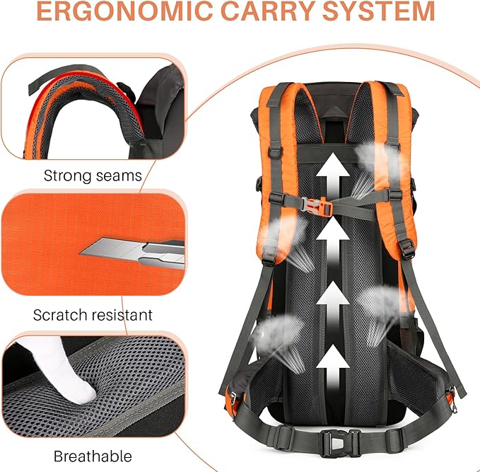 ShowyLive 70L Hiking Backpack - Lightweight Waterproof Travel Backpack for Men & Women, Large Camping Bag with Rain Cover & Adjustable Straps (Orange)