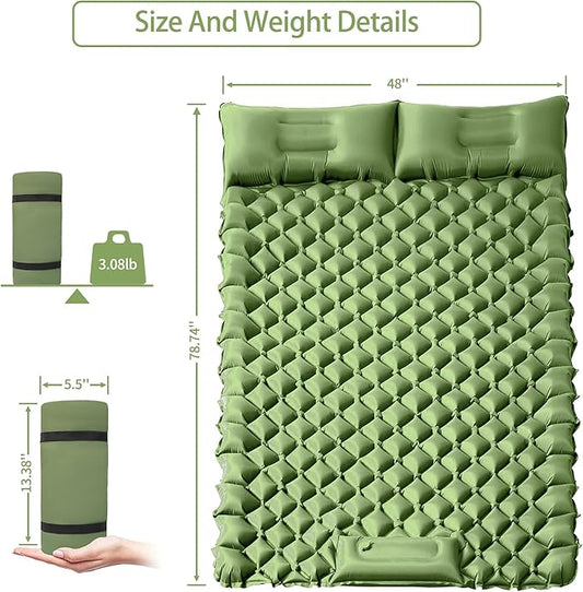 Double Sleeping Pad for Camping, 2 Person Ultralight Inflatable Sleeping Mat with Pillow and Built-in Foot Pump, Portable Camping Mattress for Tent, Backpacking, Hiking, Traveling（Green