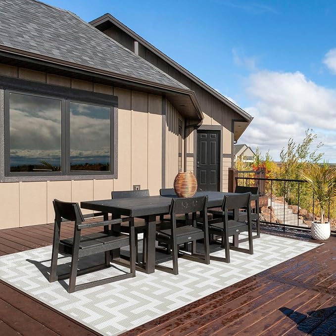 Outdoor Patio Plastic Straw Rug - 5'x8' Outdoor Camping Rug Waterproof Reversible, Area Carpet Patios Clearance RV, Outside Porch Balcony Deck for Camper, Grey & White