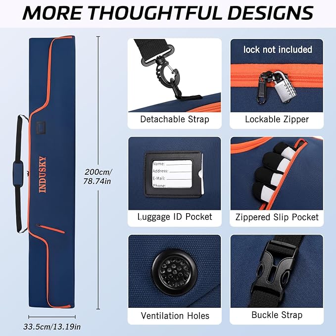 Padded Ski Bag - Waterproof, Adjustable Length, Fits Skis Up to 200cm, Portable Snow Travel Bag with Removable Shoulder Strap