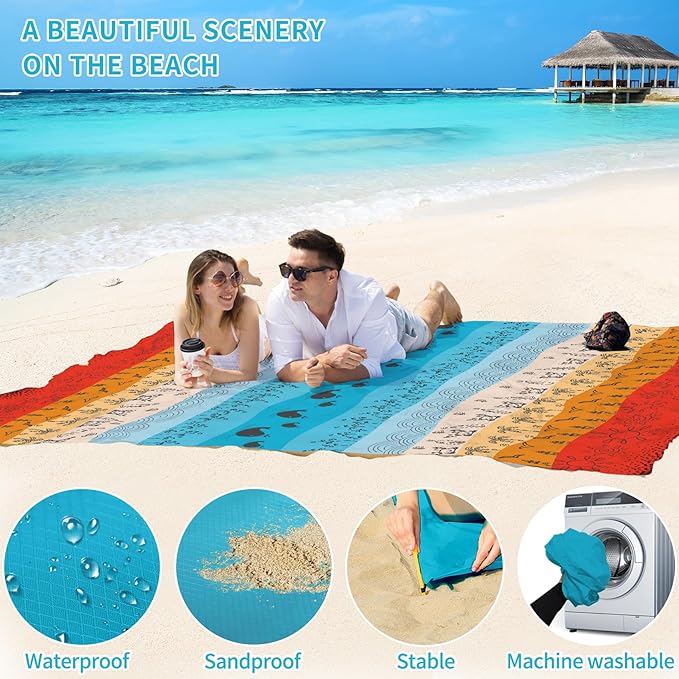 BYDOLL Beach Blanket Waterproof Sandproof 78''×81'' Suits1-4 Adults Compact Lightweight Oversized Sand-Free Blanket Large Picnic Mat for Beach Travel Camping Hiking