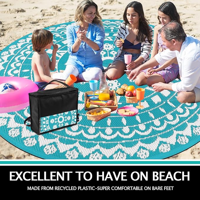 Capslpad 10Ft Round Outdoor Rug for Patio Clearance Boho Reversible Mat Waterproof Outdoor Plastic Straw RV Camping Rug Outside Circle Area Rug for Porch Deck Terrace Picnic Beach Apartment, Teal