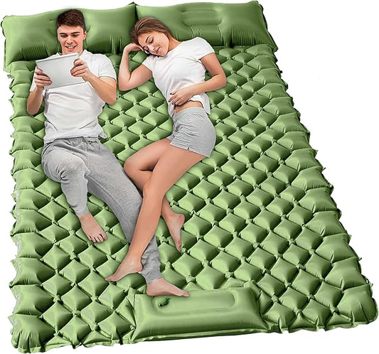 Double Sleeping Pad for Camping, 2 Person Ultralight Inflatable Sleeping Mat with Pillow and Built-in Foot Pump, Portable Camping Mattress for Tent, Backpacking, Hiking, Traveling（Green