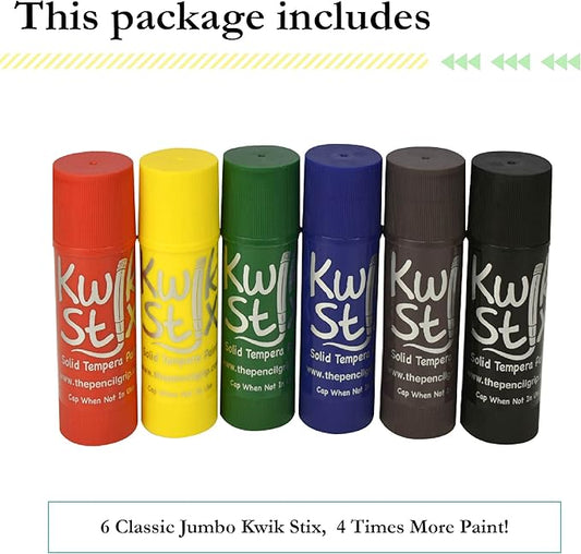 The Pencil Grip Kwik Stix Tempera Paints, Jumbo Tempera Paint Pens, 4 Times More Paint, Super Quick Drying, 6 Classic Colors- TPG-646