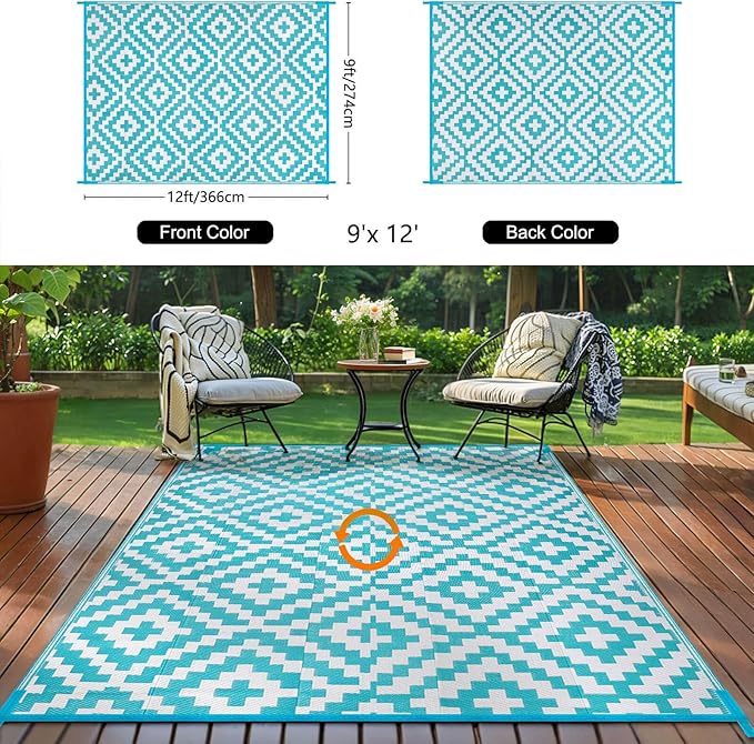 Outdoor Patio Plastic Straw Rug - 9'x12' Outdoor Camping Rug Waterproof Reversible, Area Carpet Patios Clearance RV, Outside Porch Balcony Deck for Camper, Blue & White