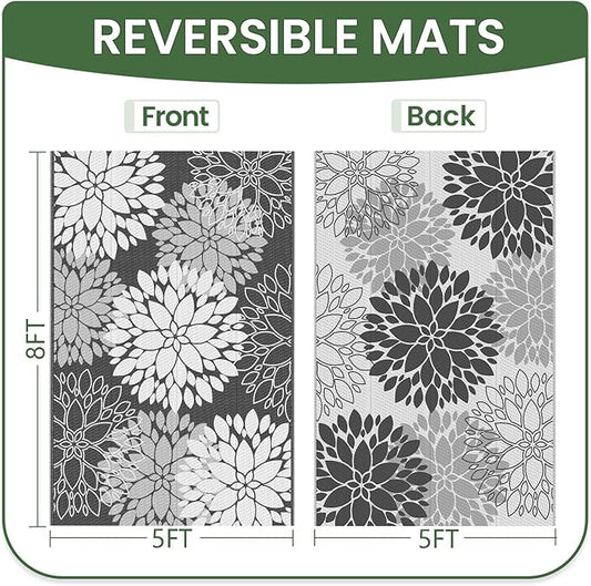 LuxStep Outdoor Rug Waterproof Outdoor Plastic Straw Rug Reversible Patio Rug Mat Outdoor Decor Large Area Mats for RV, Picnic, Backyard, Deck, Balcony, Porch, Beach, Camping, 5'x 8',Grey