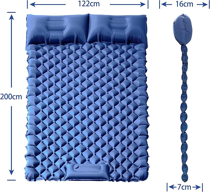 ONTYZZ Double Ultralight Inflatable Sleeping Pad for 2 Persons, Camping, Blue, Waterproof with Built-in Foot Pump