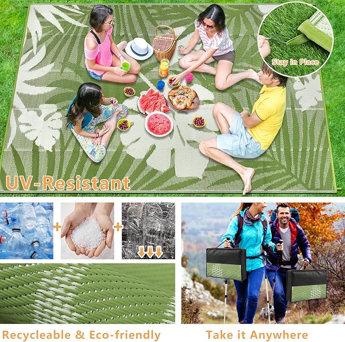 Homcomoda Outdoor Rugs 9’x12’ Waterproof Reversible Patio Rugs Outdoor Clearance Lightweight Outdoor Rugs Portable RV Camping Mats for Tents Deck Porch BBQ Beach Backyard