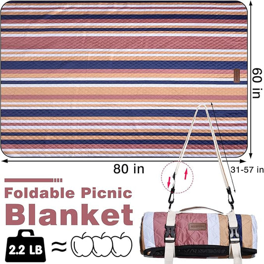 Waterproof Picnic Blanket 80" x 60" in Portable with Carry Strap for Beach Mat or Family Outdoor Camping Party, Park Blanket for Grass Park, Hiking, Travel, Concerts (Brown&Orange, 80" x 60")