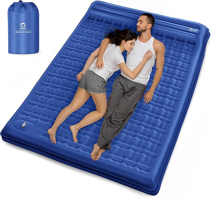 QPAU Sleeping Pad, 2 Person Camping Mattress, Enhanced Support for Healthy, with Built-in Foot Pump, 4.7 Inch Durable Sleeping Mat for Camping, Hiking, Backpacking and Home, (Blue)
