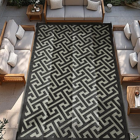 Waterproof Outdoor Rug 9x18 ft, Reversible Plastic Straw Rug, Easy to Clean Patio Rug, Portable Carpet for Patio, RV, Deck, Balcony, Backyard, Picnic, Beach, I-Shaped, Black