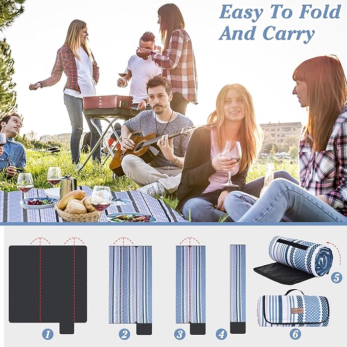 Oversized Waterproof Picnic Mat, Outdoor Beach Mat. Suitable for Camping, Outdoor, Beach, Party and Concert. (Dark Blue & Light Blue, 80" x 60")